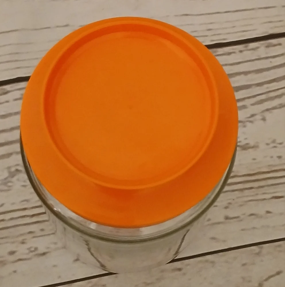 Vintage 1970s Glass Tang Jar with Orange Lid Wheel
